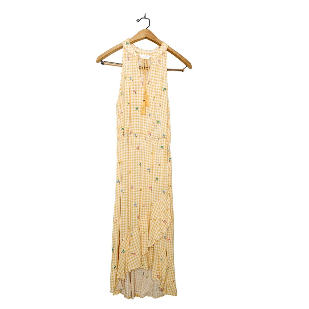 LC Lauren Conrad Butter Yellow Gingham Plaid Palm Tree Print Tiered Midi Dress